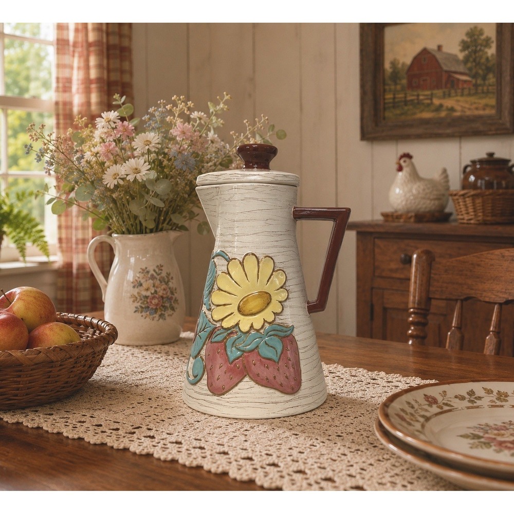 Beautiful‎ Mid Century Artisan Signed Stoneware Pitcher w/Lid Faux Wood Grain